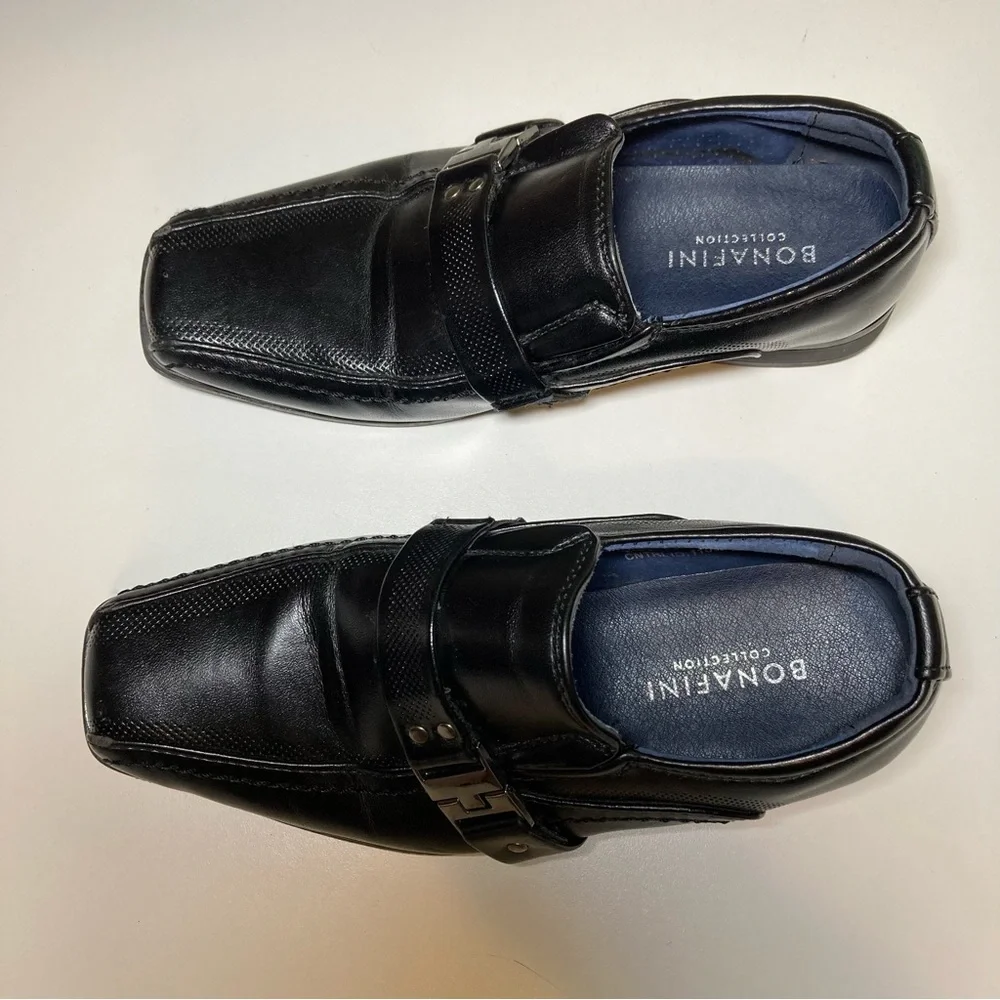Bonafini Boy's 12 Dress Loafers Slip On Leather Black Square Toe Buckle